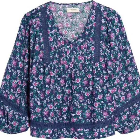 Lucky Brand Pintuck & Embroidery Cotton Blend Peasant Blouse, Navy, XXL, NWT - Picture 5 of 6